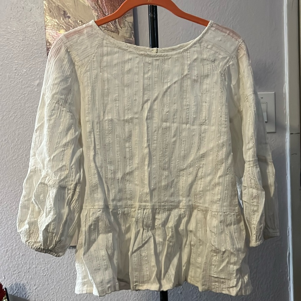Three-quarter length boho oversized striped top White and gold, puffy sleeve